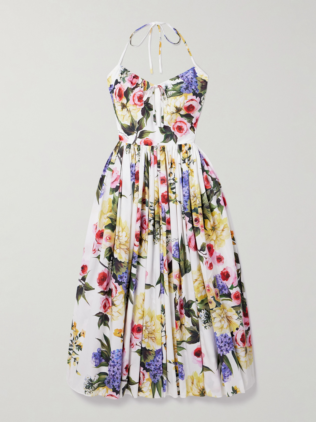 Shop Dolce & Gabbana Gathered Floral-print Cotton-poplin Halterneck Midi Dress In Multi