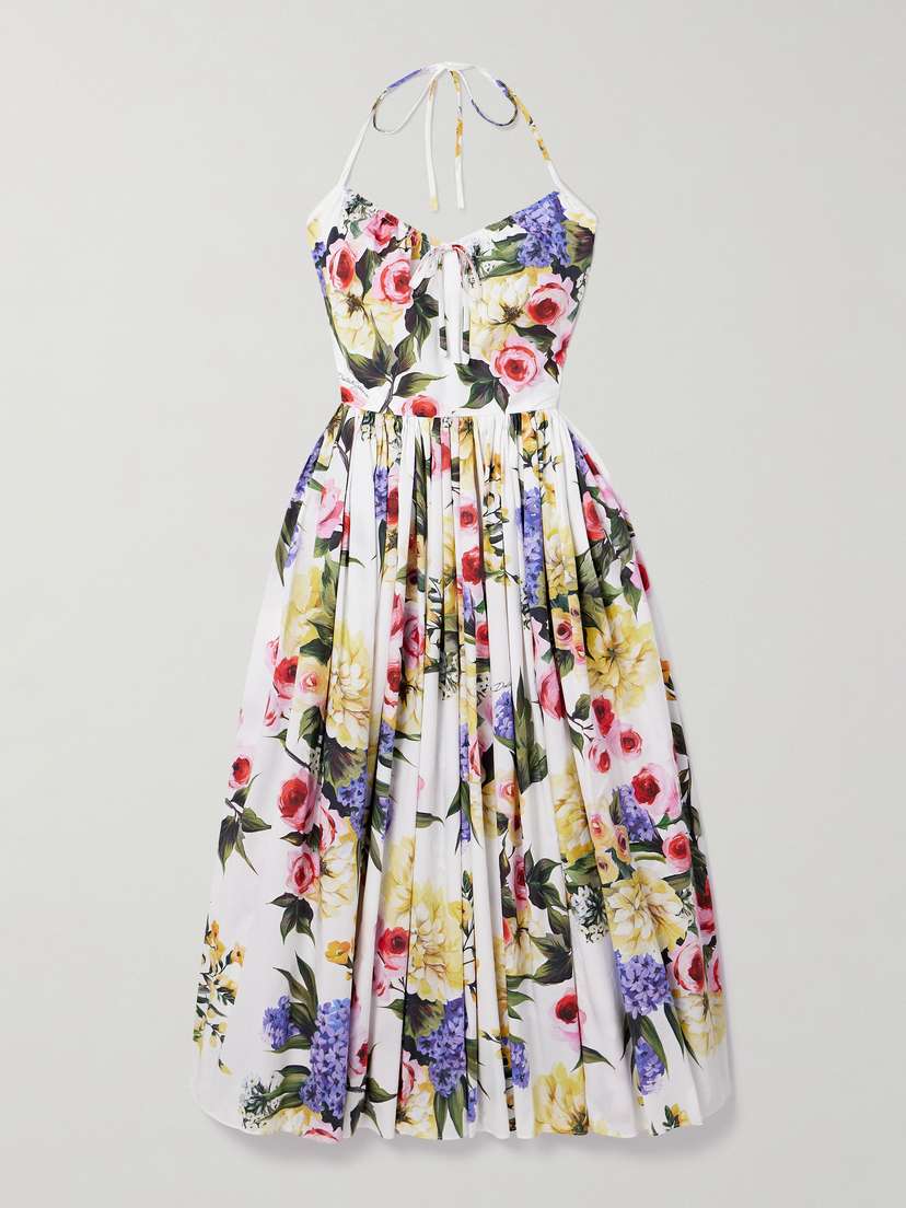 Dolce & Gabbana Gathered Floral-print Cotton-poplin Halterneck Midi Dress - IT36