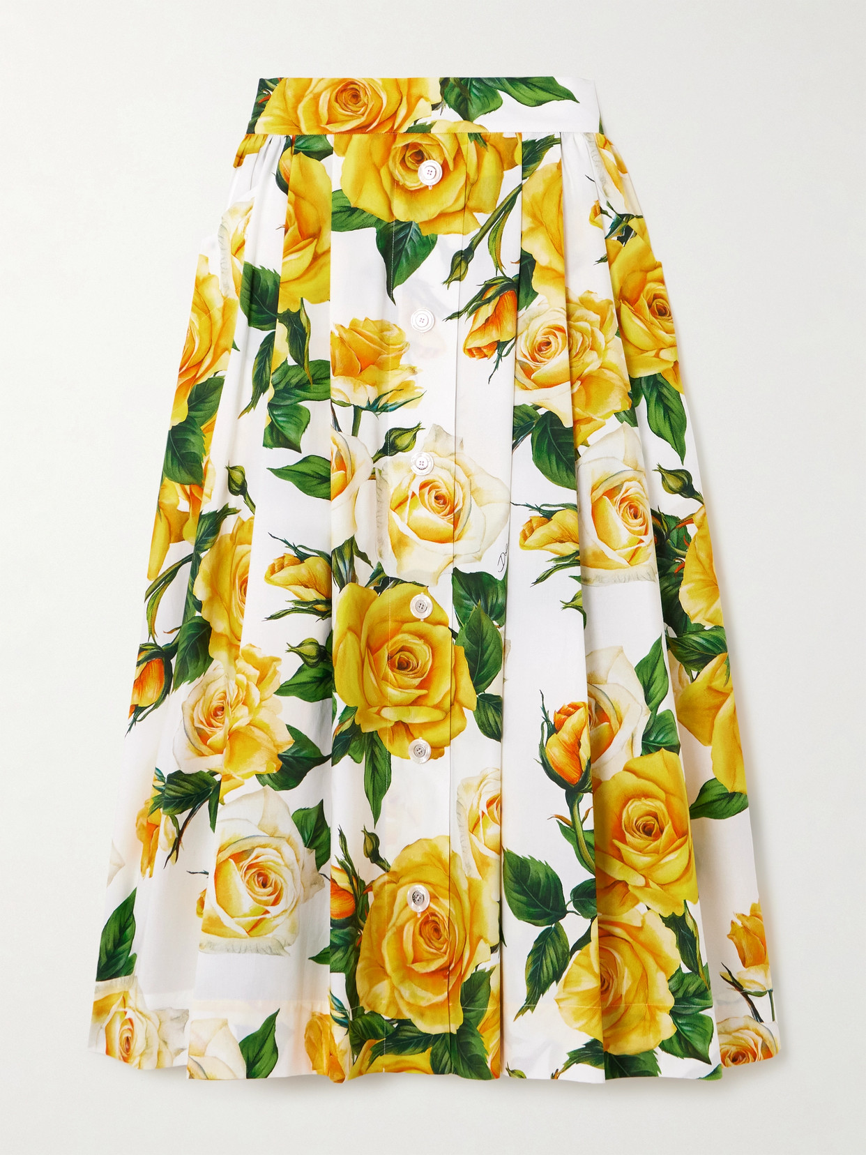 Shop Dolce & Gabbana Pleated Floral-print Cotton-poplin Midi Skirt In Yellow