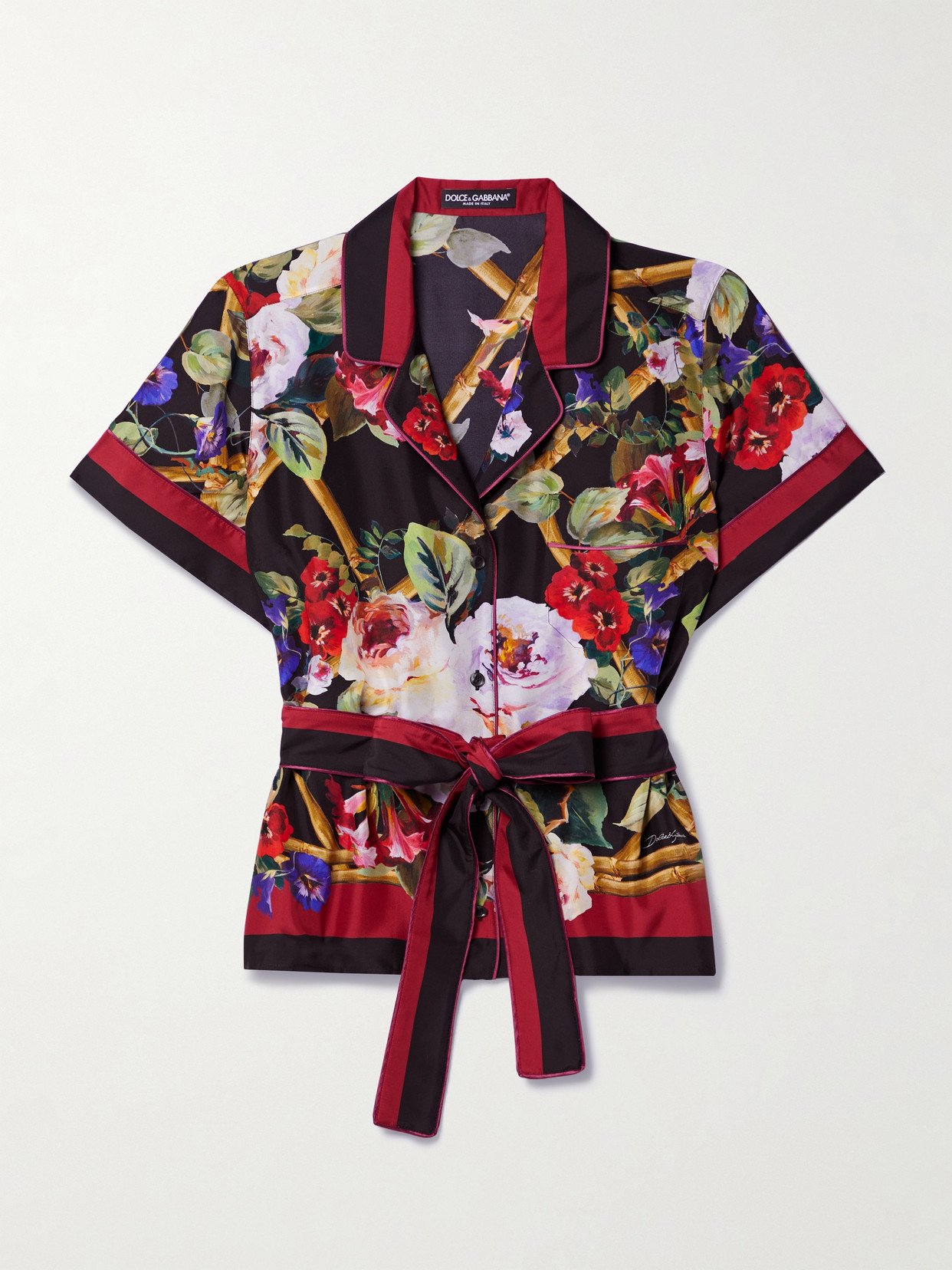 Dolce & Gabbana Floral Belted Silk Camp Shirt In Multicolor