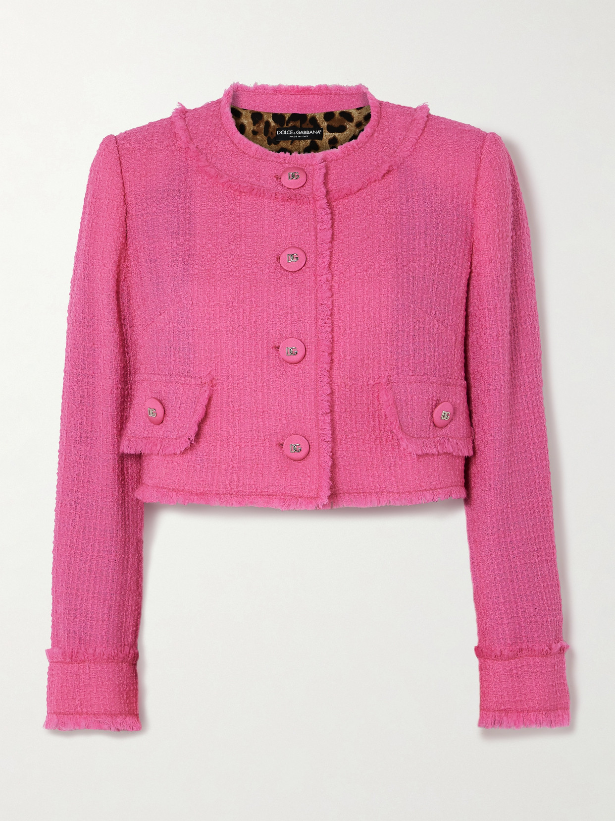 Shop Dolce & Gabbana Cropped Embellished Wool-blend Bouclé-tweed Jacket In Pink