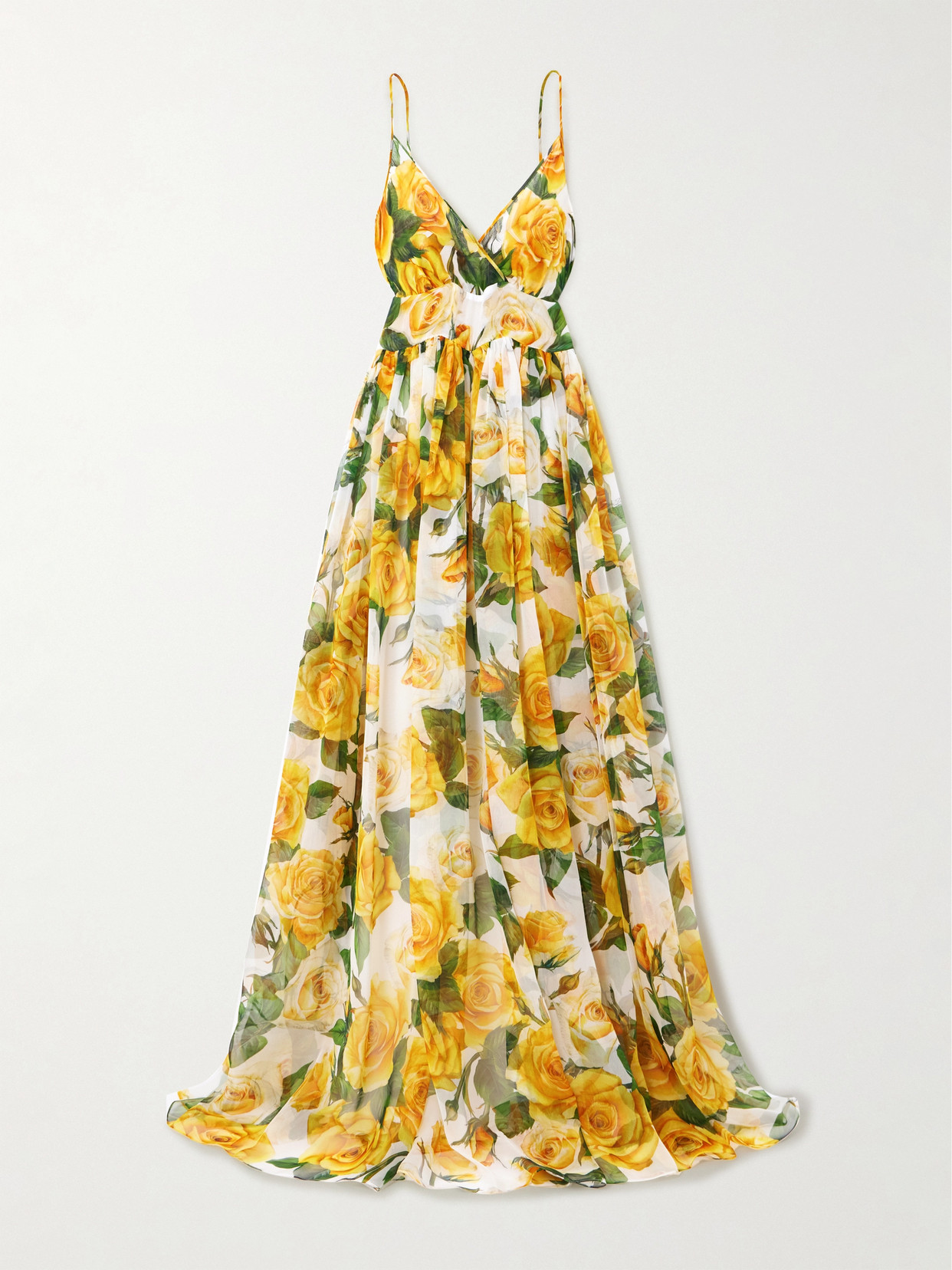 Dolce & Gabbana Rose-print Silk Maxi Dress In Yellow