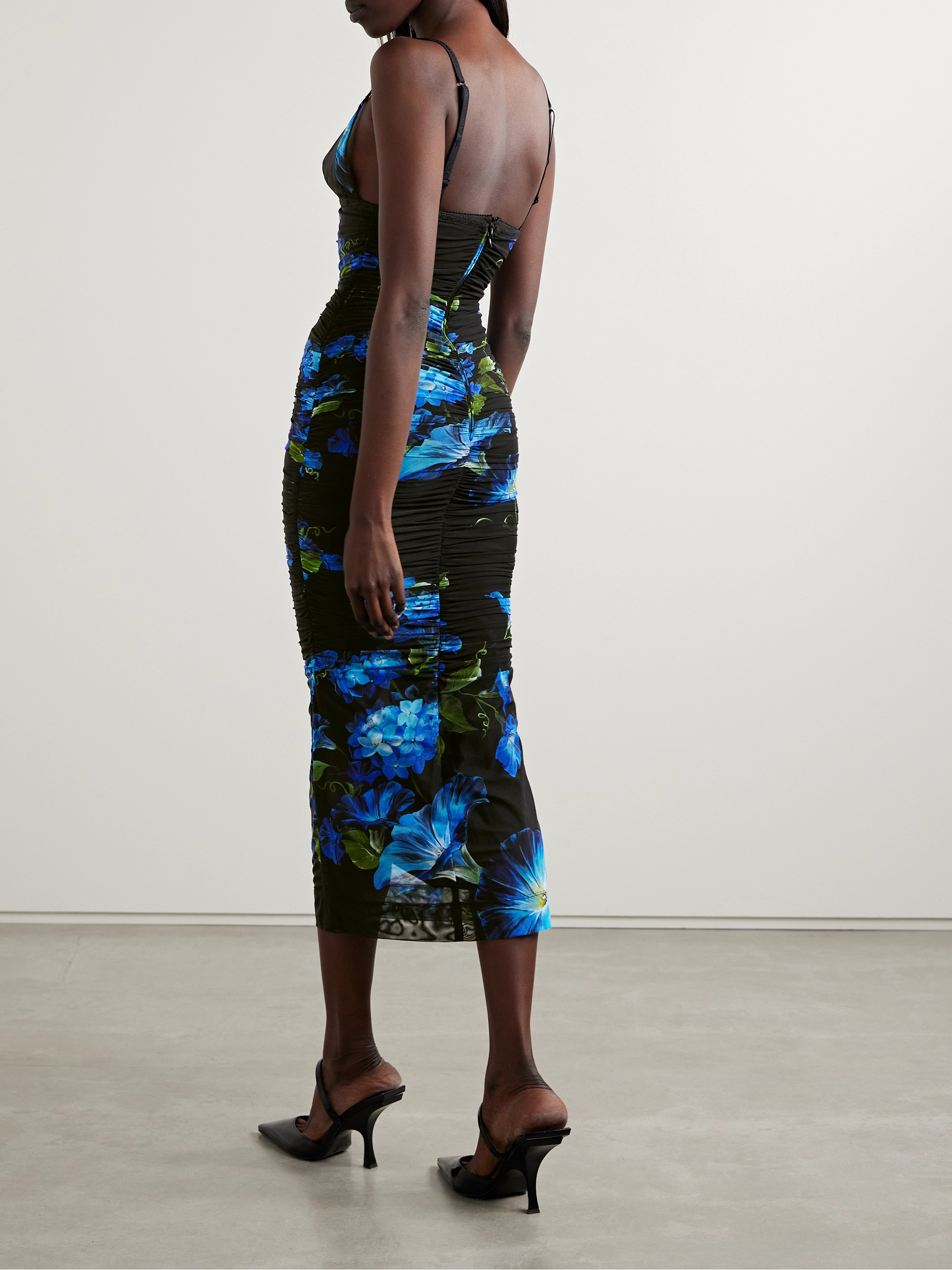 Dolce&Gabbana Satin and lace-trimmed ruched floral-print stretch-tulle midi dress thumbnail