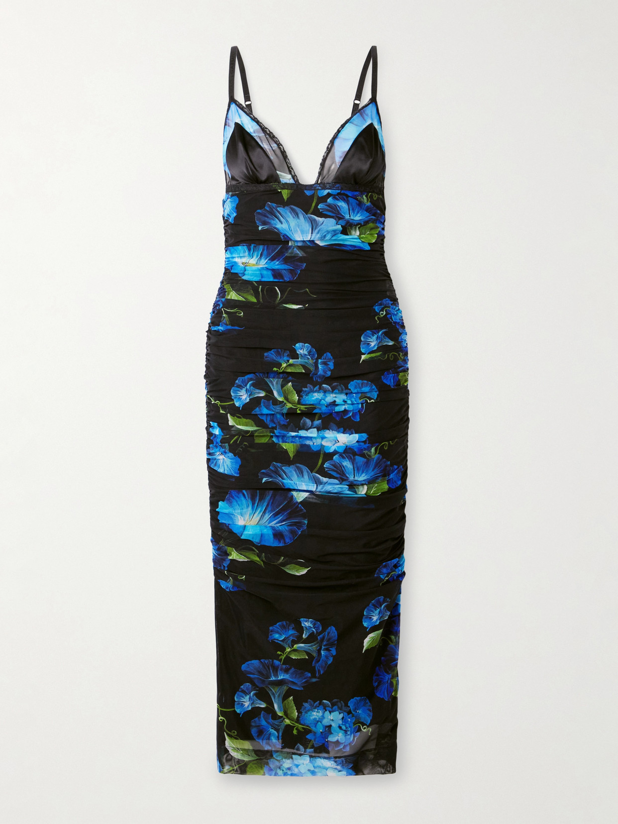 Shop Dolce & Gabbana Satin And Lace-trimmed Ruched Floral-print Stretch-tulle Midi Dress In Blue