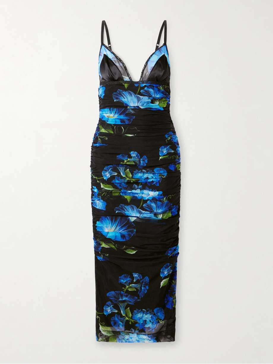 satin and lace-trimmed ruched floral-print stretch-tulle midi dress