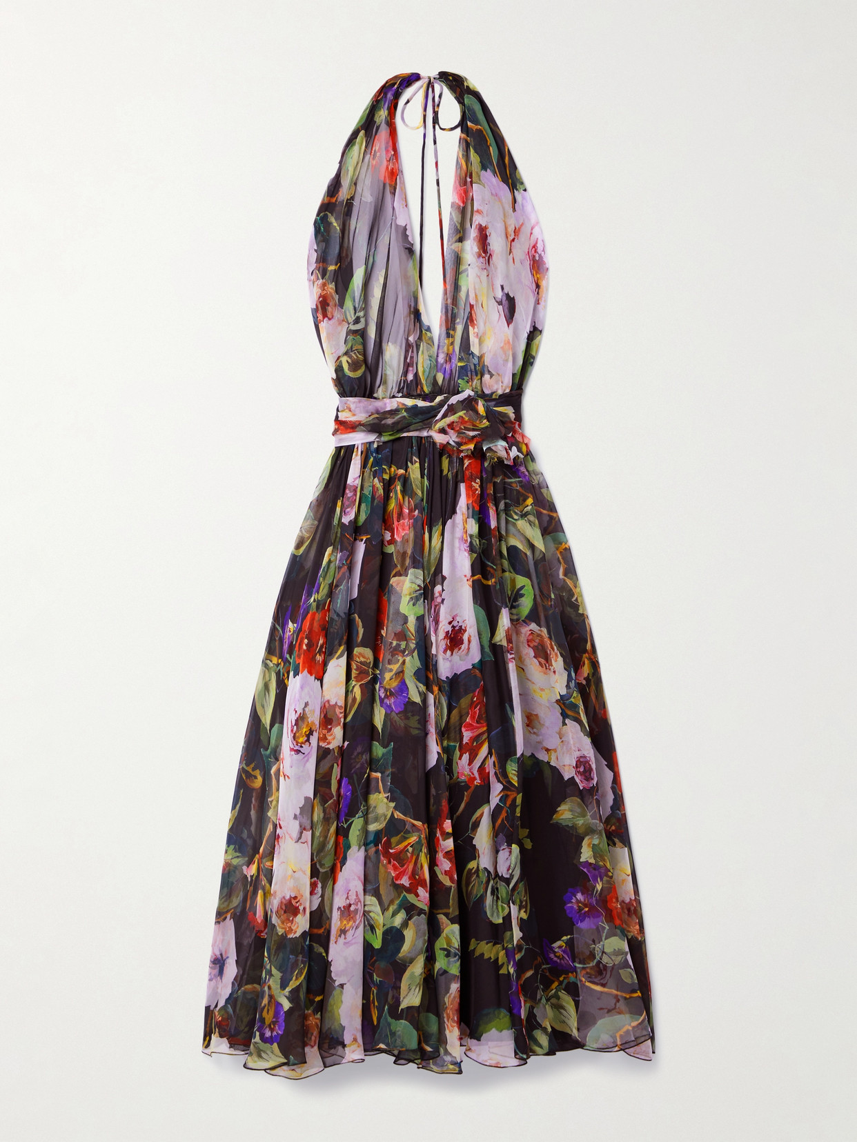 Dolce & Gabbana Gathered Floral-print Silk-chiffon Halterneck Midi Dress In Black