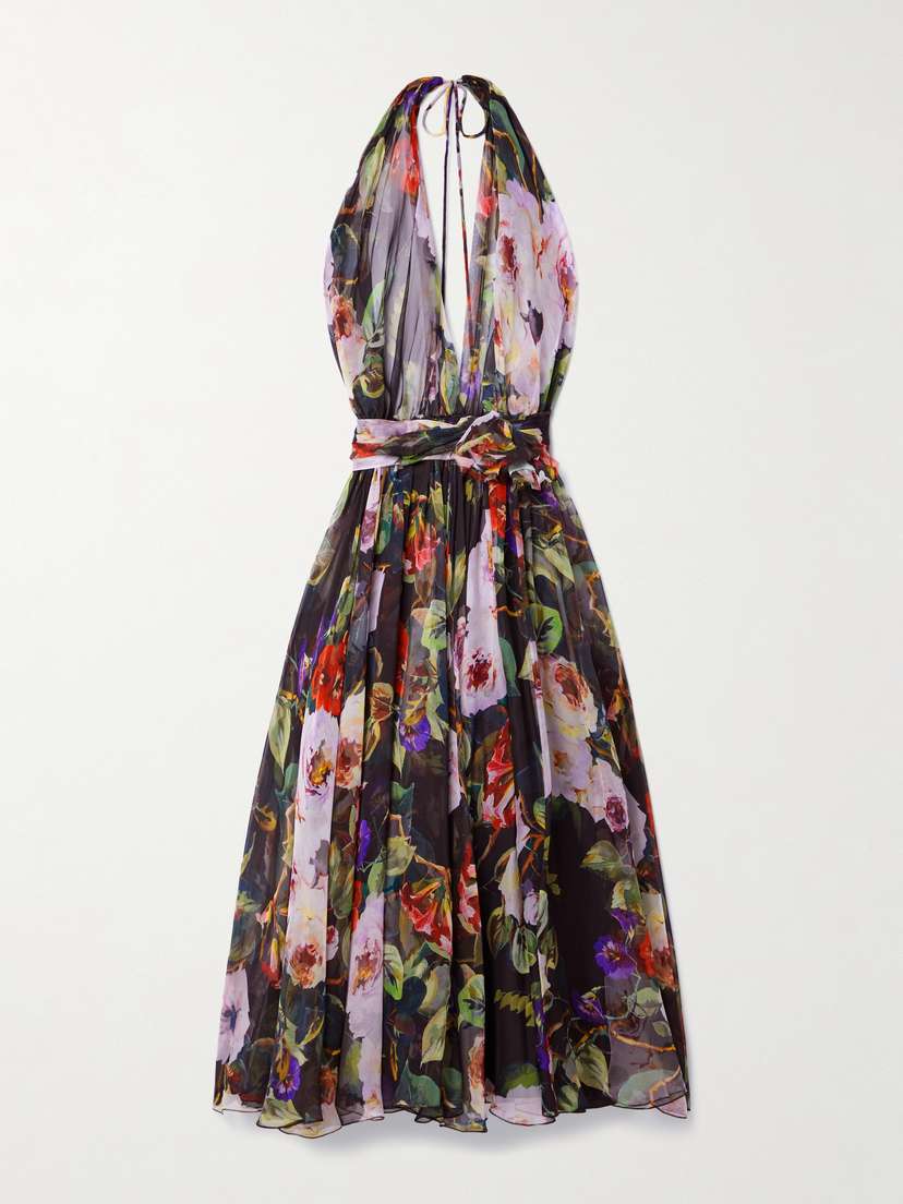 Dolce & Gabbana Gathered Floral-print Silk-chiffon Halterneck Midi Dress