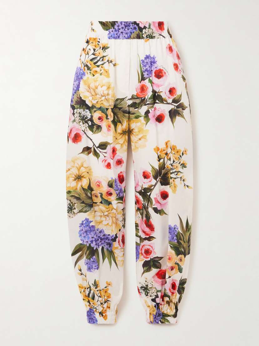 Dolce & Gabbana Pleated Floral-print Cotton-poplin Tapered Pants