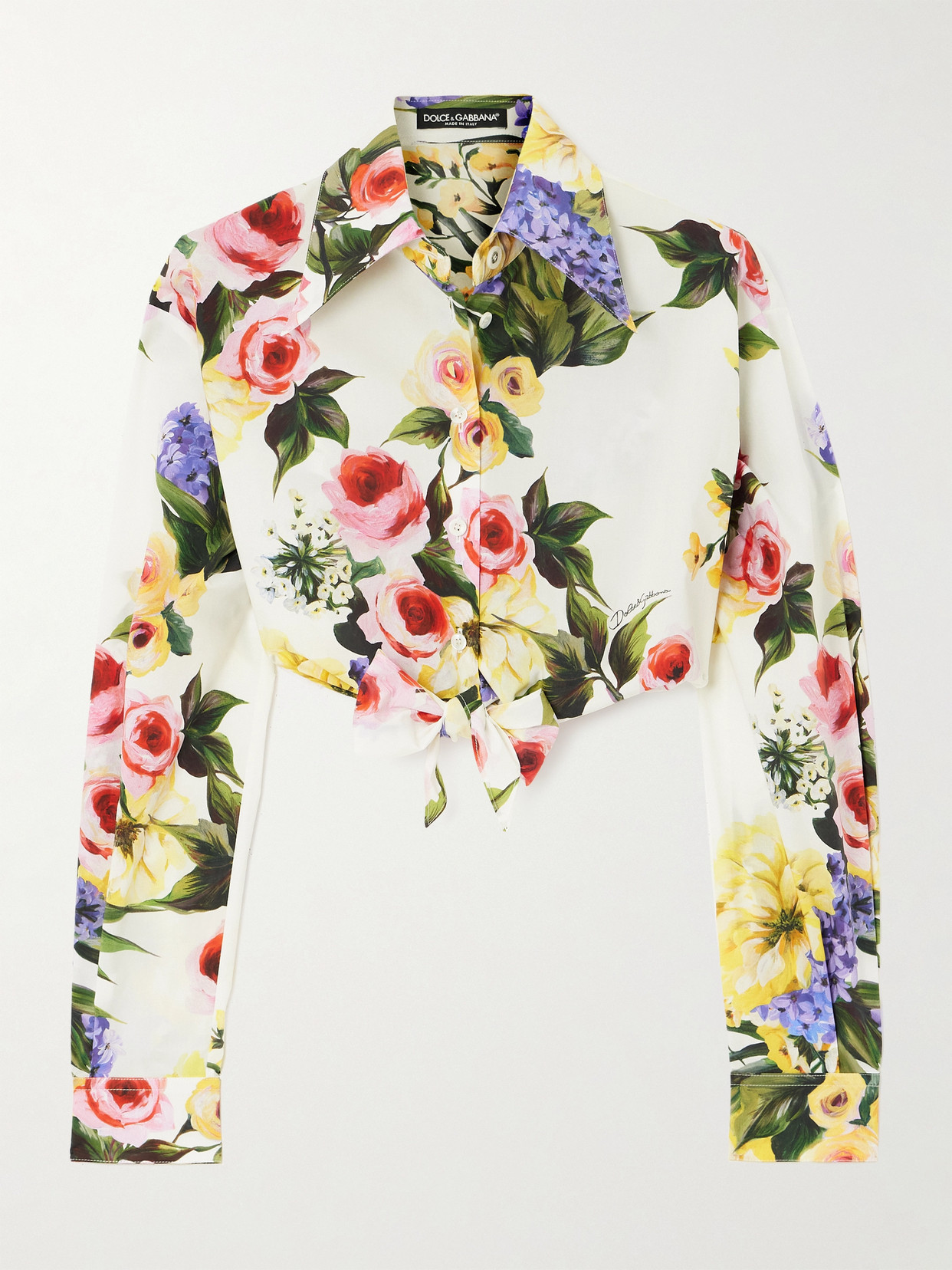 Shop Dolce & Gabbana Cropped Tie-front Floral-print Cotton-poplin Shirt In White