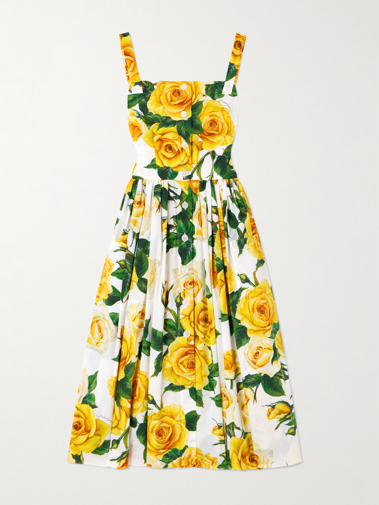 Shop Dolce & Gabbana Pleated Button-embellished Floral-print Cotton-poplin Midi Dress In Yellow