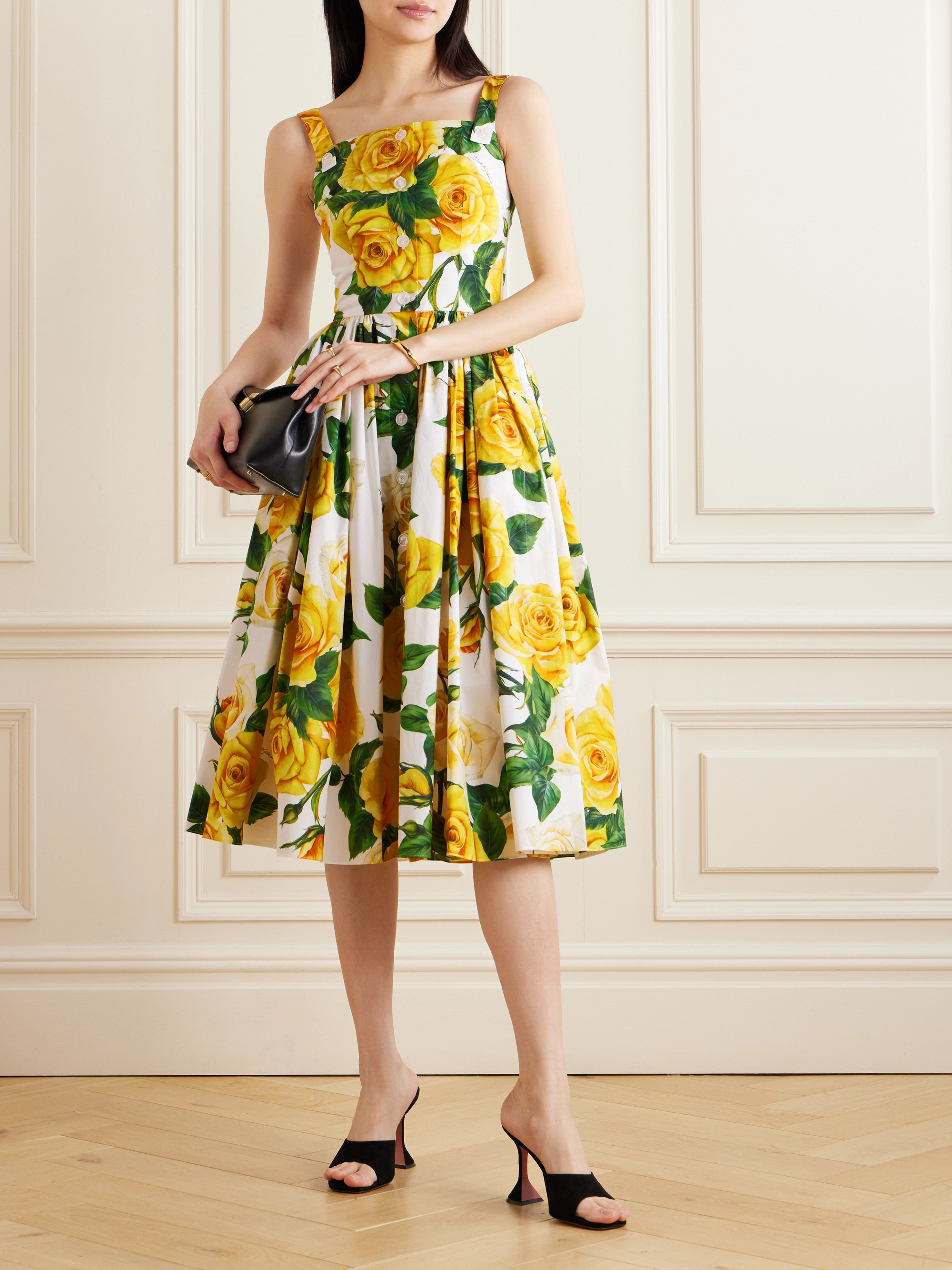 Dolce&Gabbana Pleated button-embellished floral-print cotton-poplin midi dress