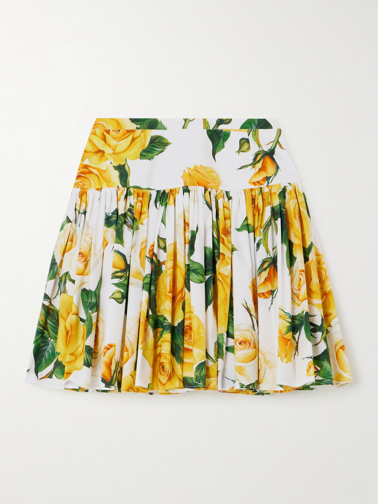 Shop Dolce & Gabbana Pleated Floral-print Cotton-poplin Mini Skirt In Yellow