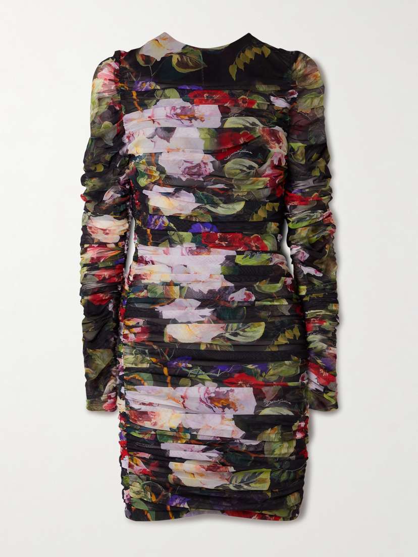 Dolce & Gabbana Ruched Floral-print Stretch-tulle Mini Dress