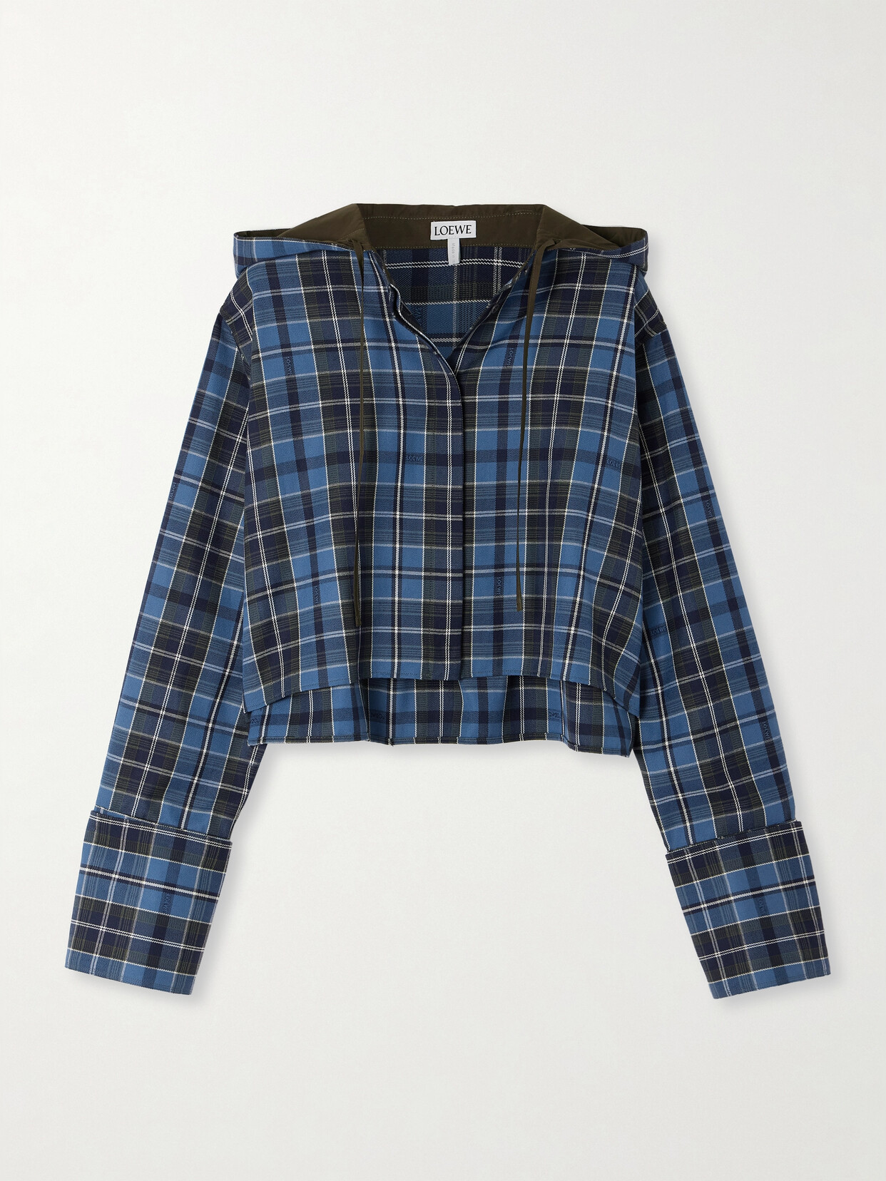 Loewe Hooded Cropped Checked Wool And Cotton-blend Jacket In Blue