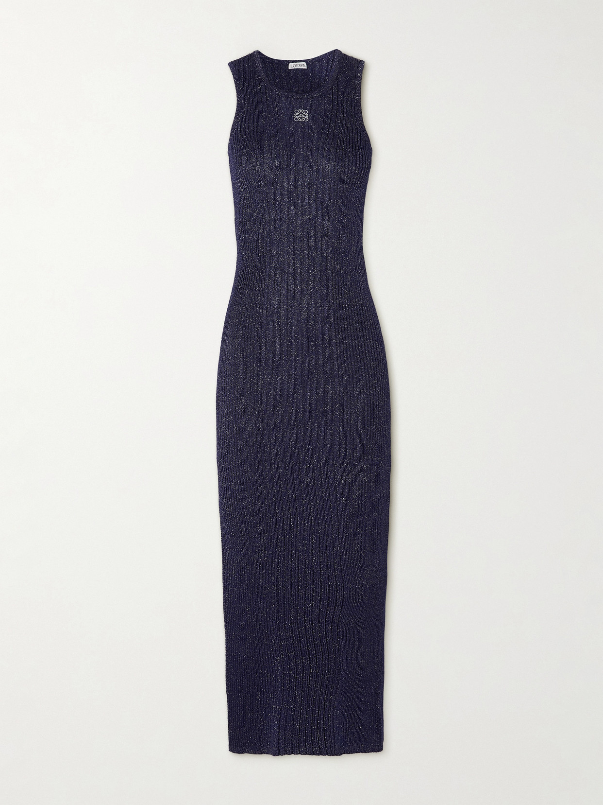 Shop Loewe Anagram Embroidered Ribbed Metallic Cotton-jersey Midi Dress In Blue