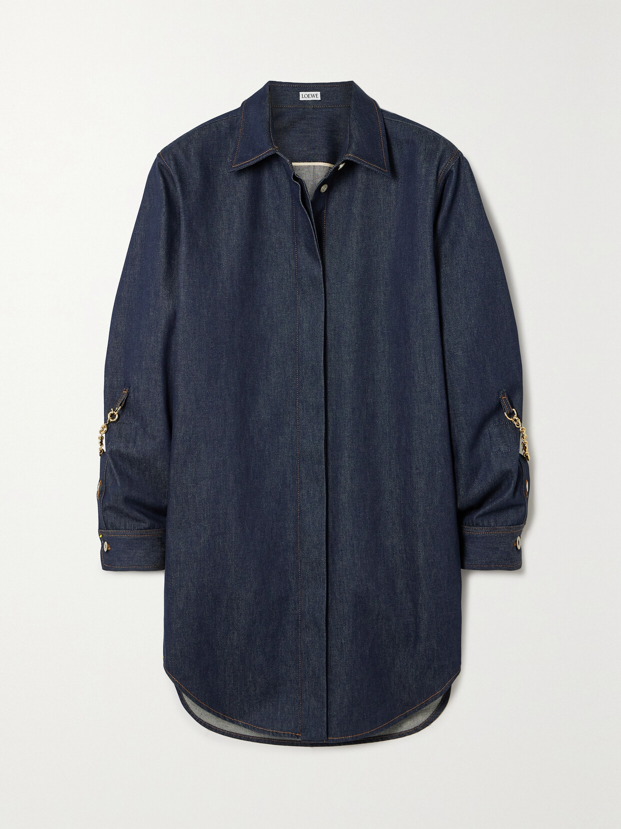 Shop Loewe Oversized Chain-embellished Denim Mini Shirt Dress In Blue