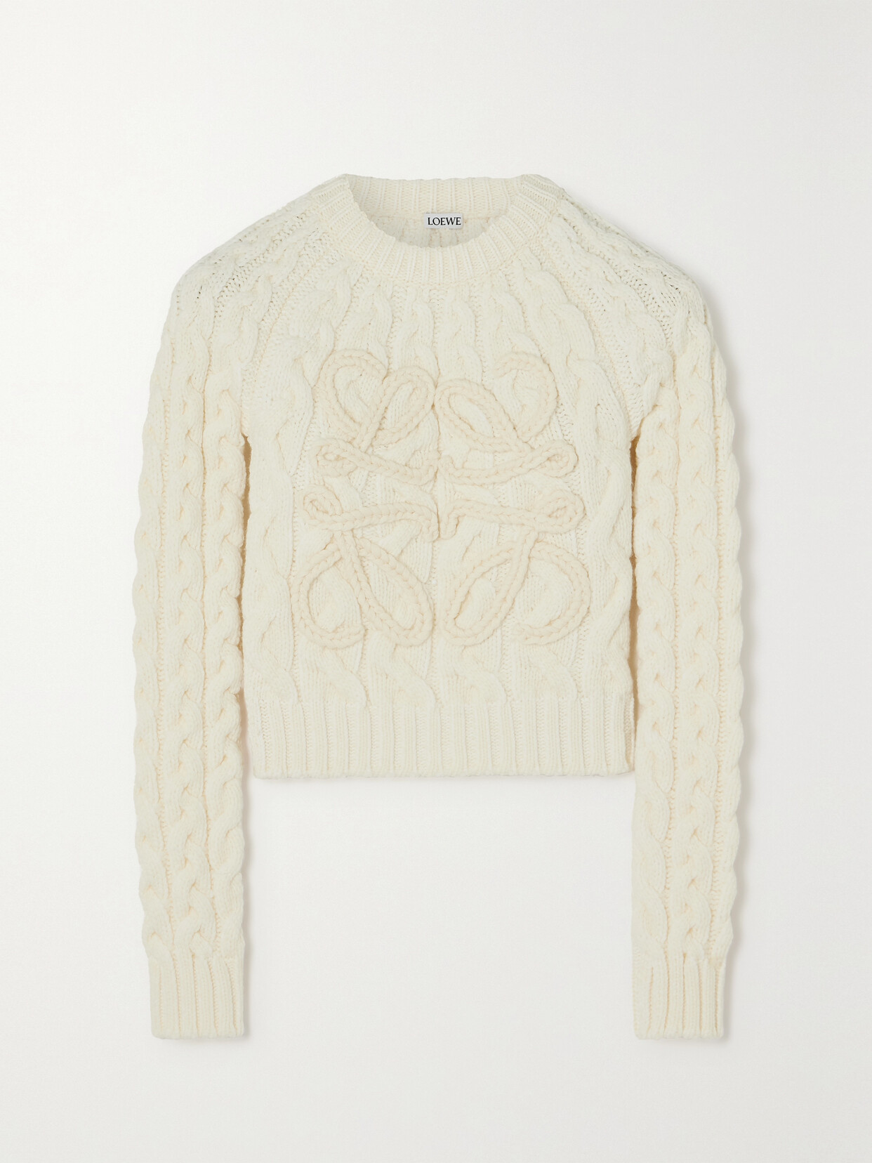 Loewe Anagram Cropped Cable-knit Wool-blend Sweater In White