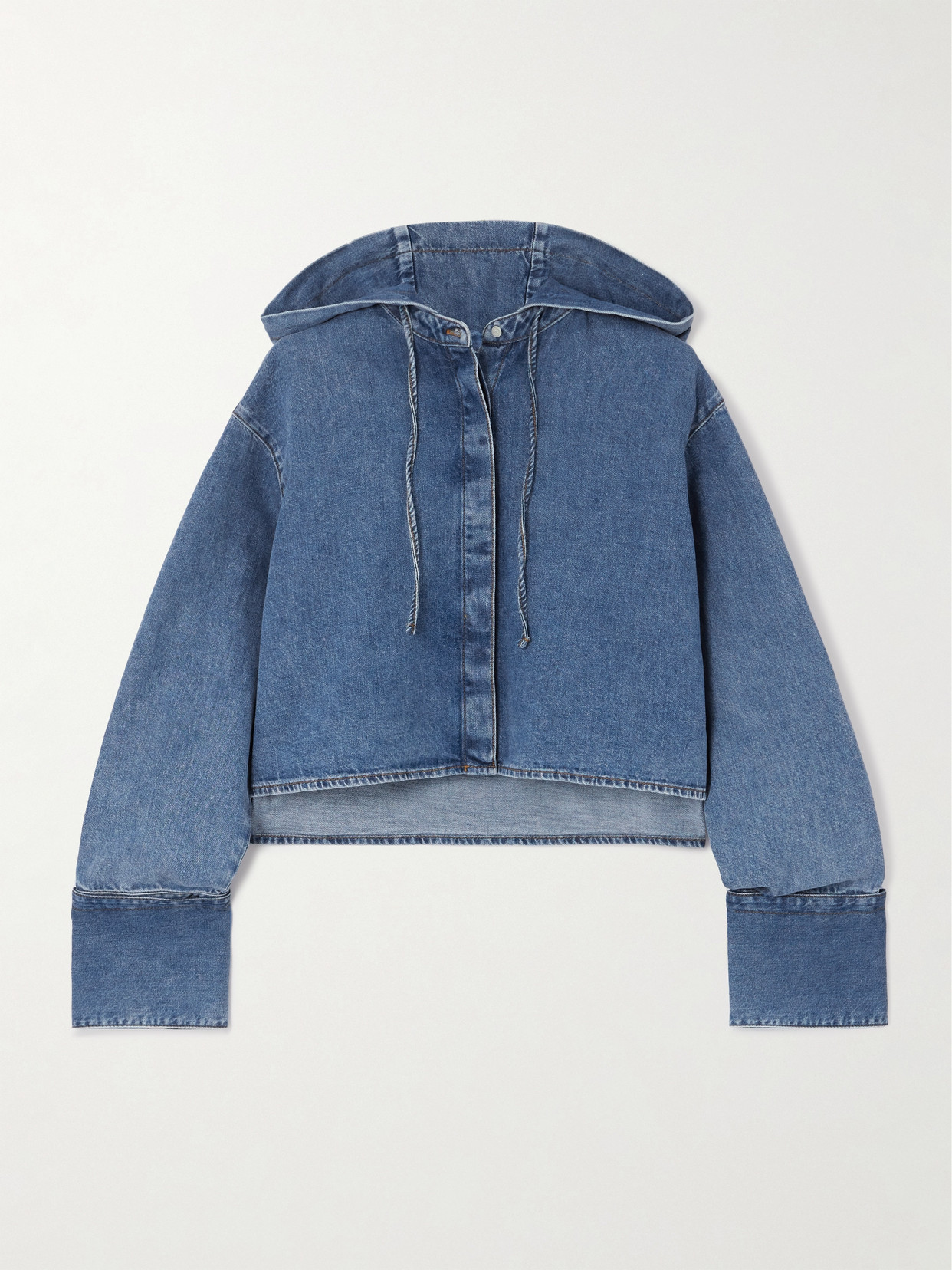 Shop Loewe Hooded Cropped Appliquéd Denim Shirt In Blue