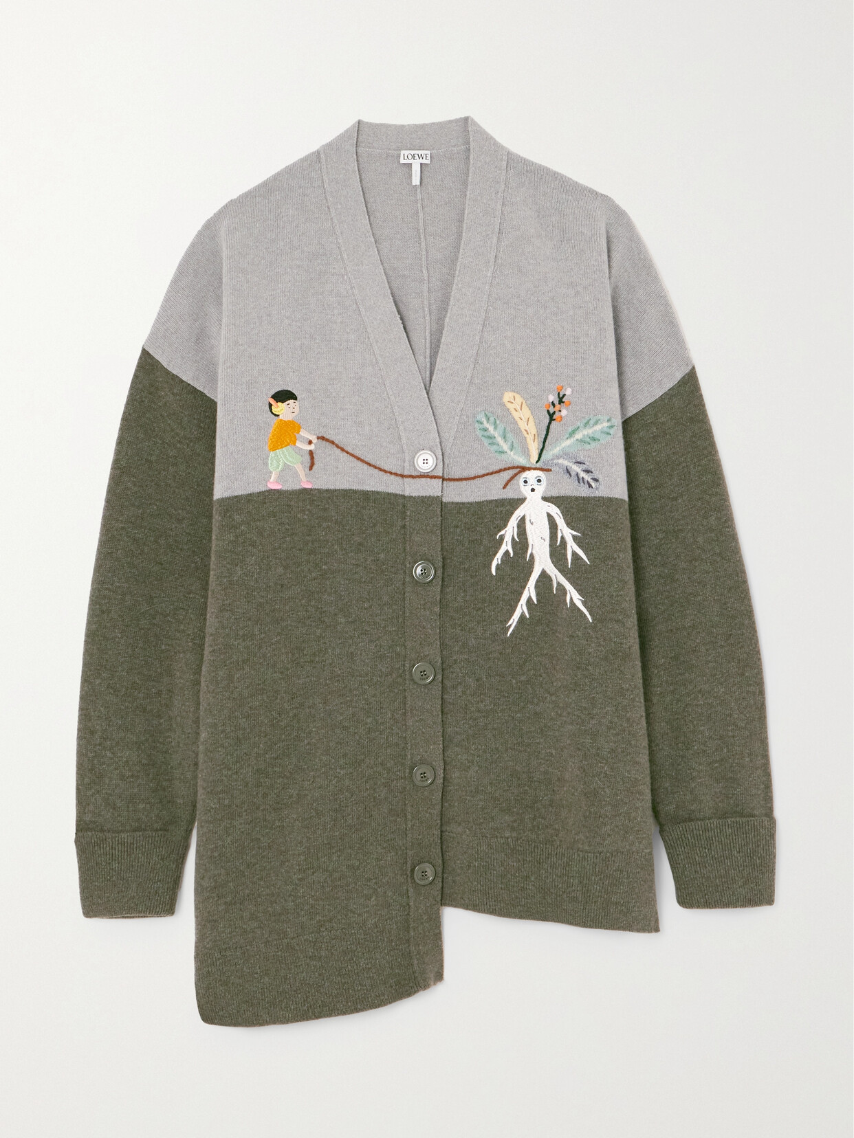 Loewe + Suna Fujita Asymmetric Embroidered Wool-blend Cardigan In Green