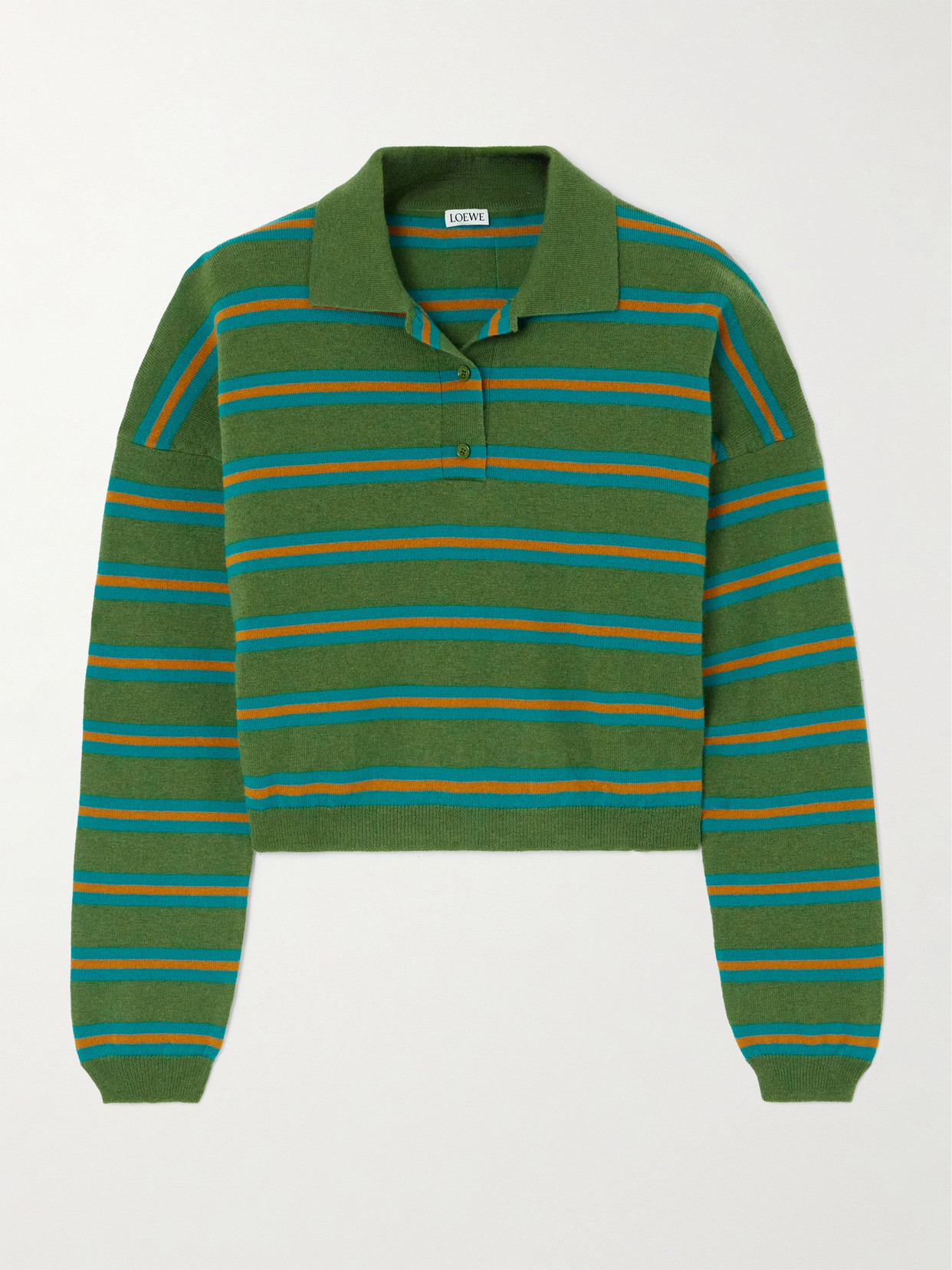 Shop Loewe Cropped Striped Wool Polo Shirt In Green