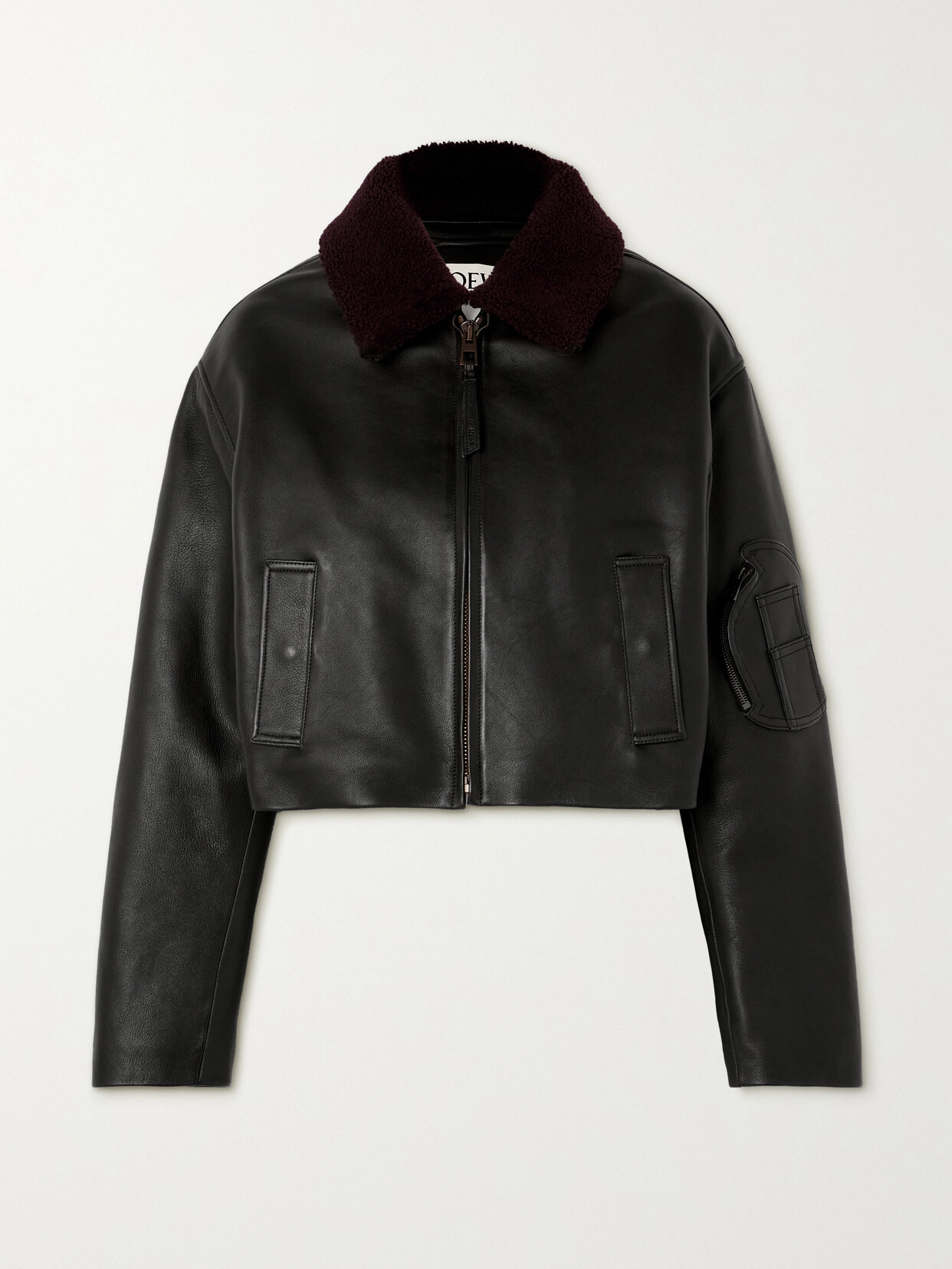 Shop Loewe Cropped Shearling-trimmed Leather Jacket In Black