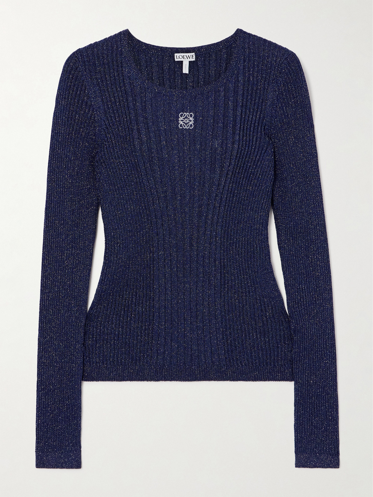 Shop Loewe Embroidered Metallic Ribbed-knit Sweater In Blue