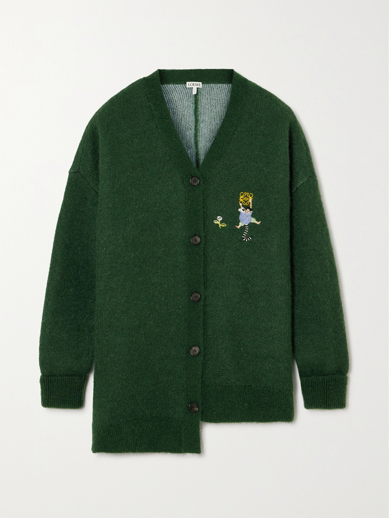 Shop Loewe + Suna Fujita Oversized Asymmetric Embroidered Mohair-blend Cardigan In Green