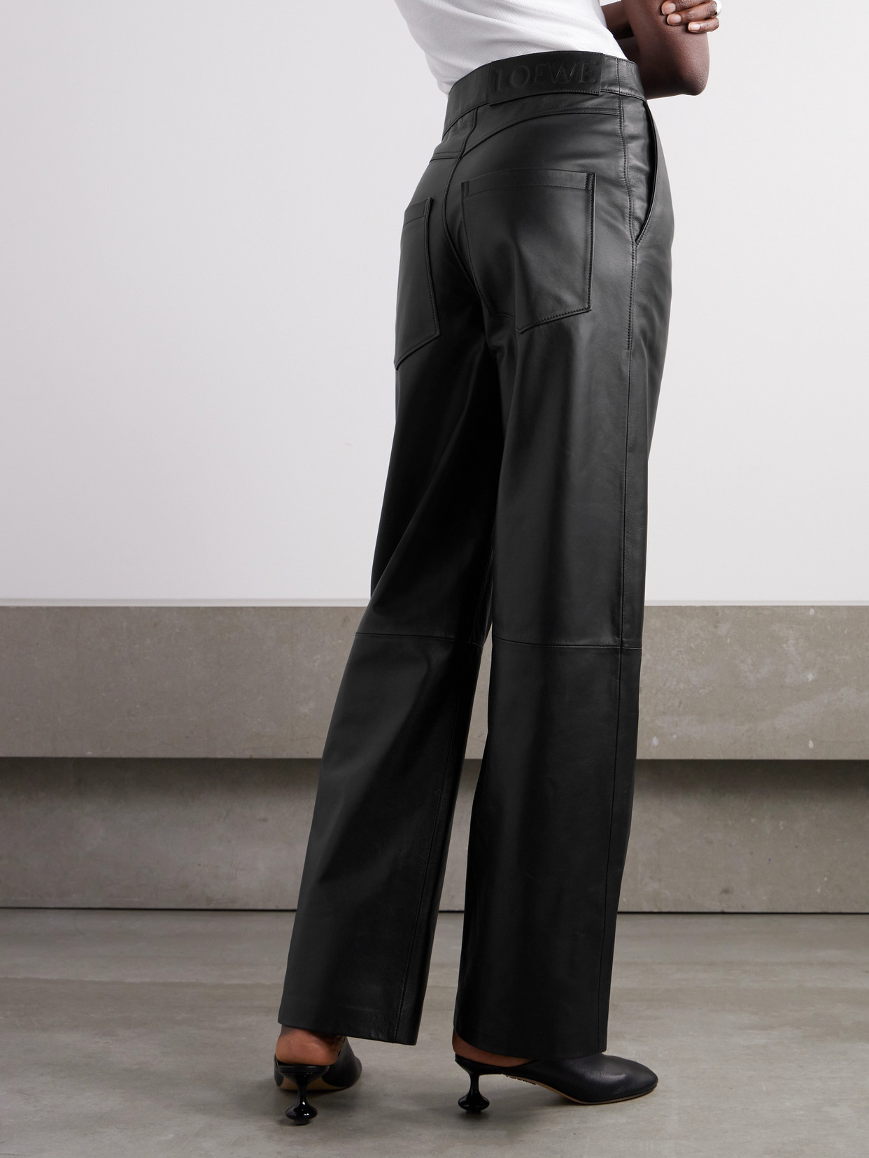 Shop Loewe Anagram Appliquéd Leather Straight-leg Pants In Black