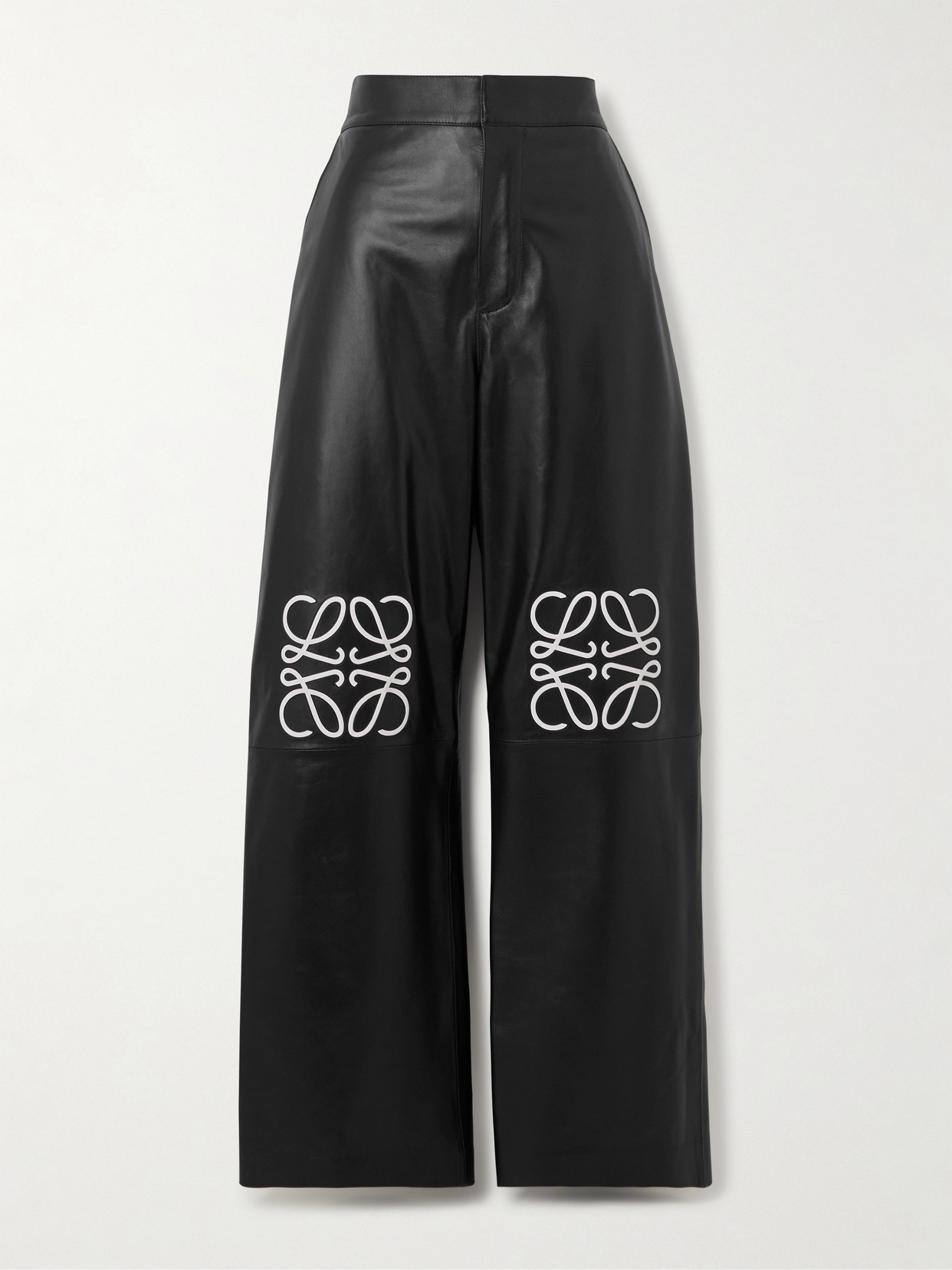 Shop Loewe Anagram Appliquéd Leather Straight-leg Pants In Black