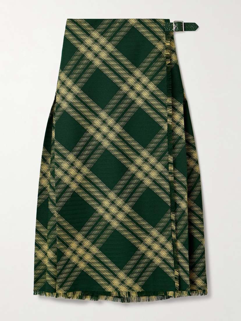 Burberry Pleated Checked Wool Midi Wrap Skirt