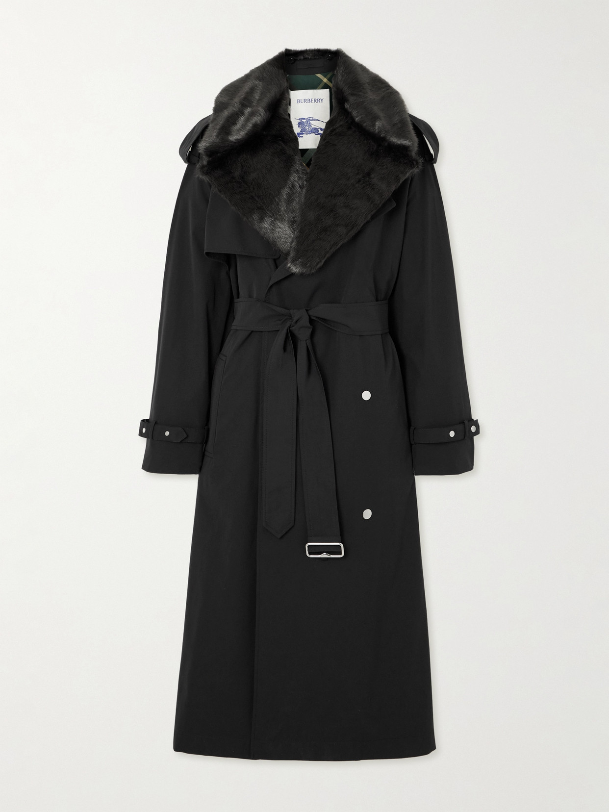 Burberry Double-breasted Belted Faux Fur-trimmed Cotton-blend Shell Trench Coat In Black