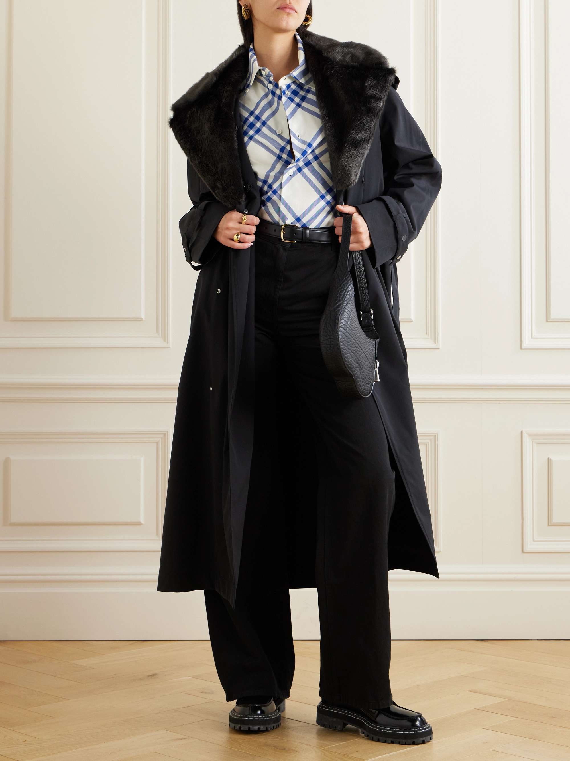 Double-breasted belted faux fur-trimmed cotton-blend shell trench coat