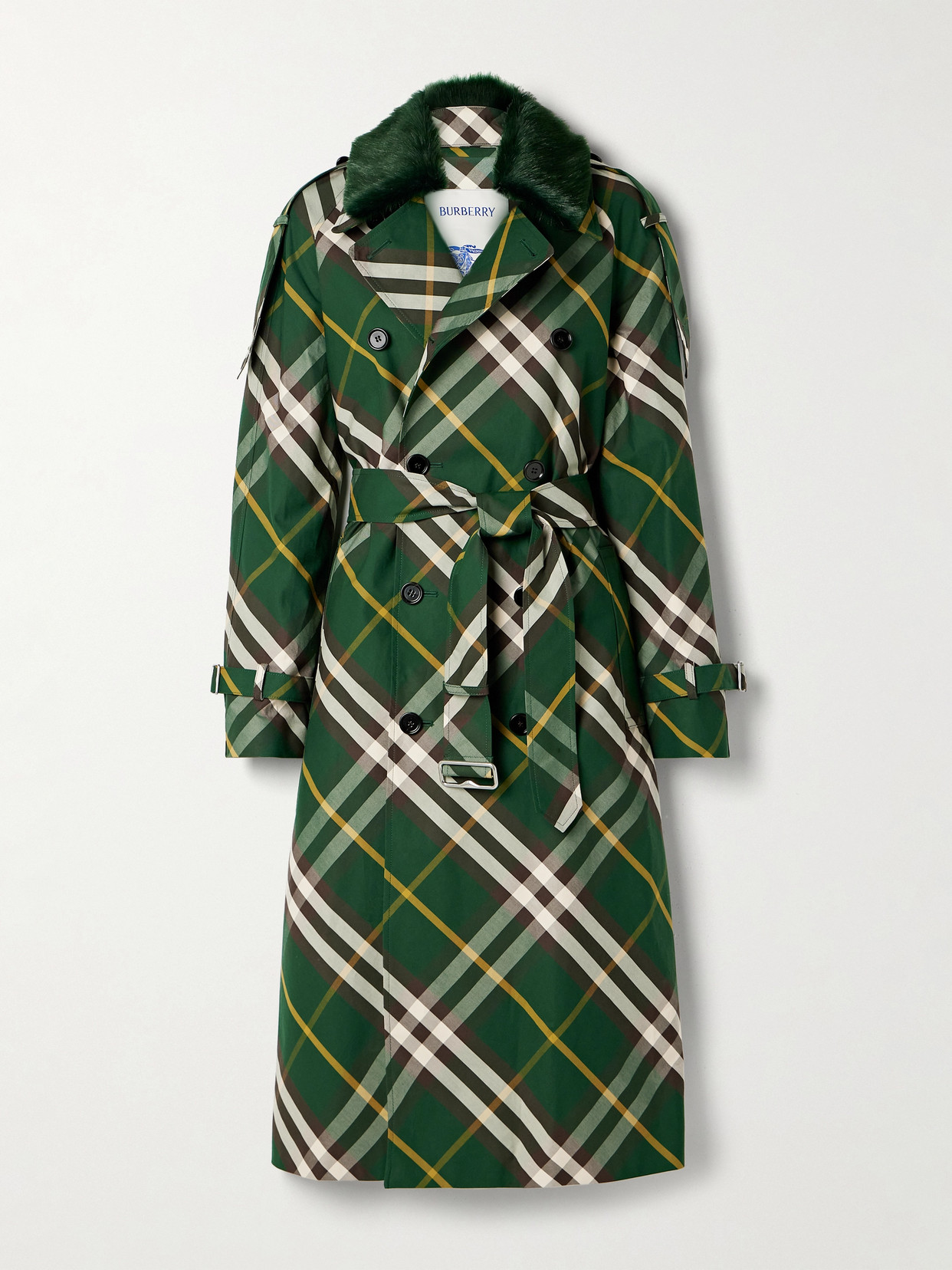 Burberry Faux Fur-trimmed Checked Cotton-gabardine Trench Coat In Green