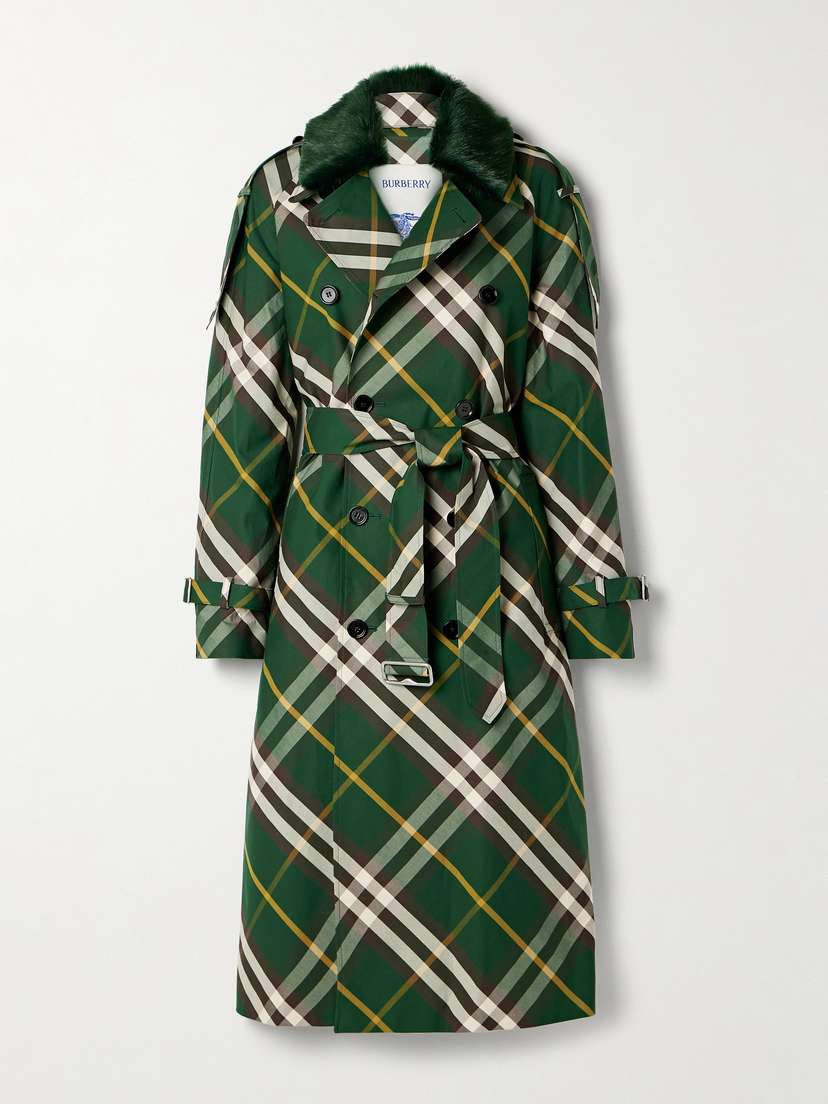 Burberry Faux Fur-trimmed Checked Cotton-gabardine Trench Coat - UK 4