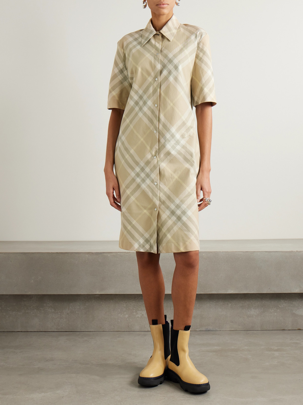 Burberry Check Cotton Shirt Dress In Beige