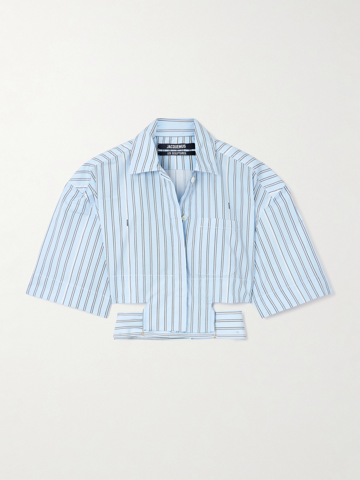 Jacquemus Bari Cropped Cutout Striped Cotton-poplin Shirt In Blue