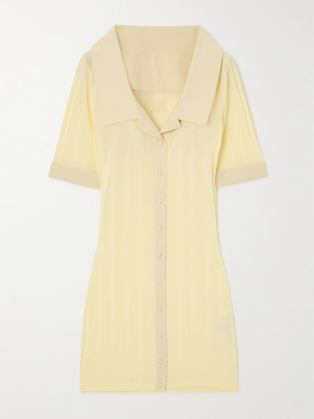 Jacquemus La Mini Dressing Gown Manta Poplin-trimmed Ribbed-knit Mini Dress In Yellow