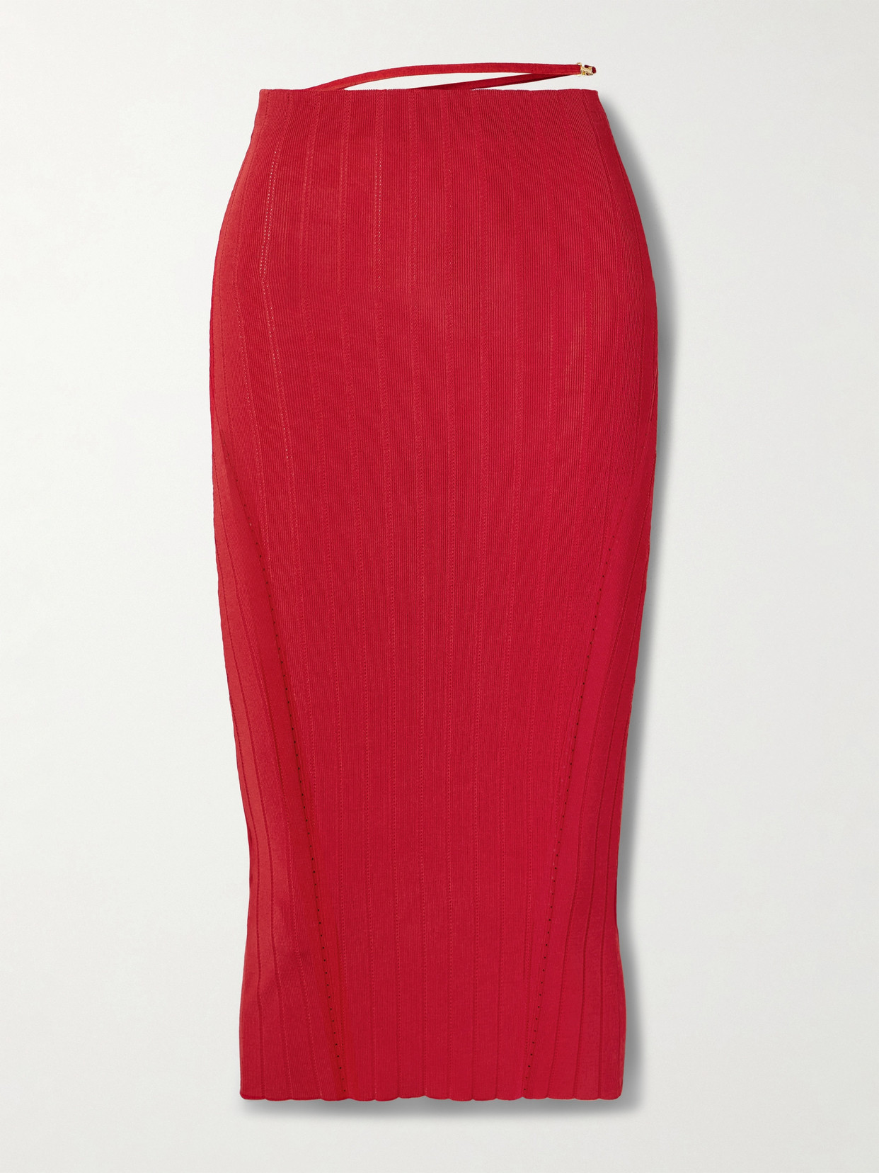 Shop Jacquemus Pralu Embellished Ribbed-knit Midi Skirt In Red