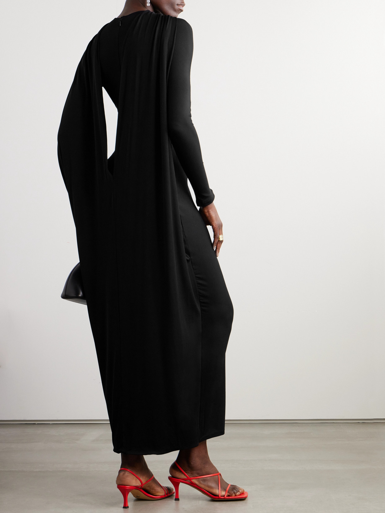 Jacquemus Joya Cape-effect Ribbed Jersey Maxi Dress In Black