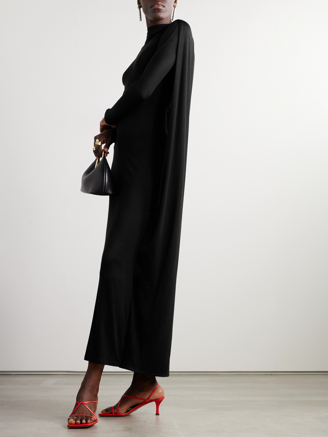 Jacquemus Joya Cape-effect Ribbed Jersey Maxi Dress In Black