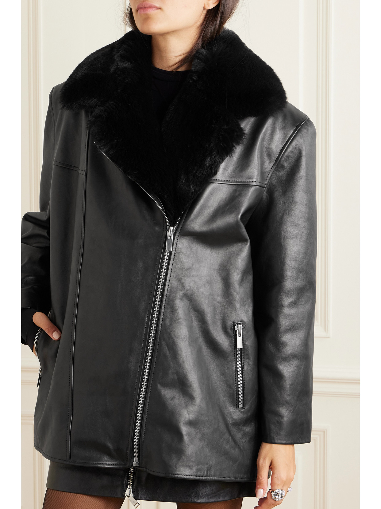 Magda Butrym Faux Fur-trimmed Leather Jacket In Black