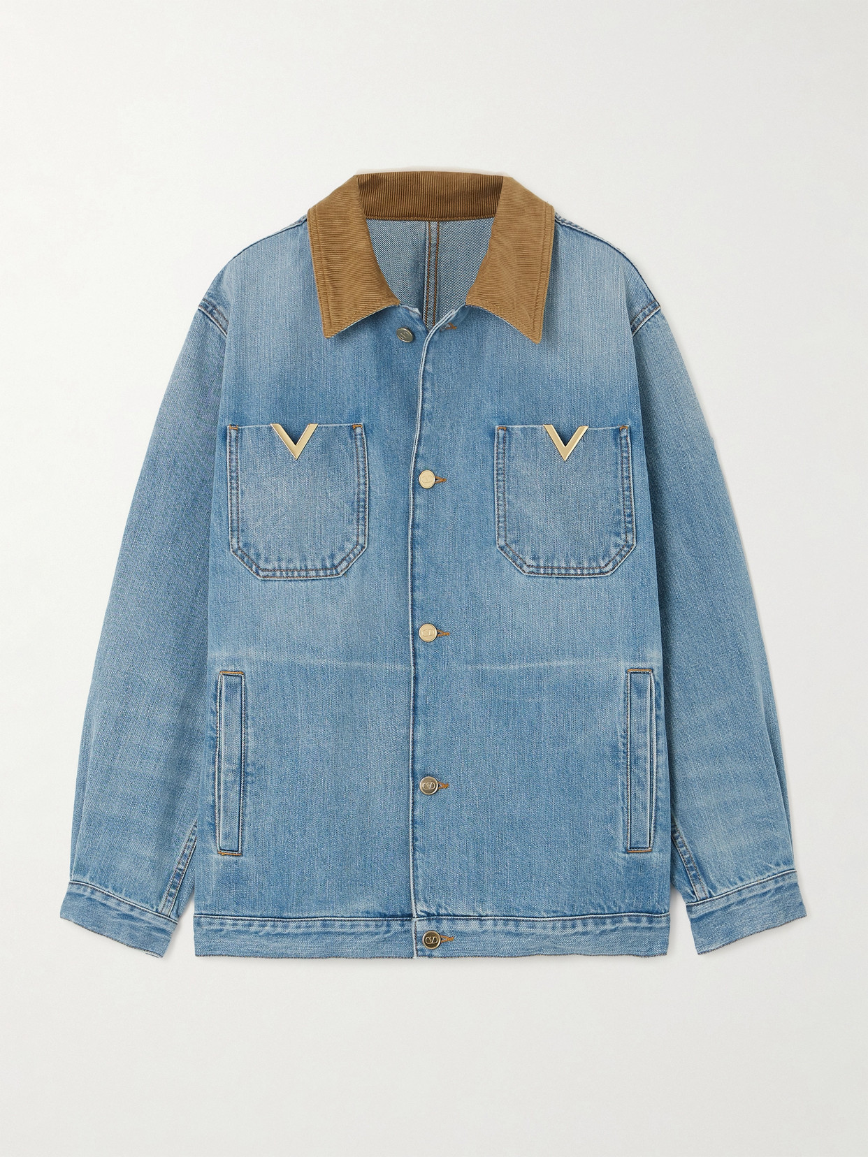 Valentino Logo-embellished Corduroy-trimmed Denim Jacket In Denim Blu Lav Chiaro