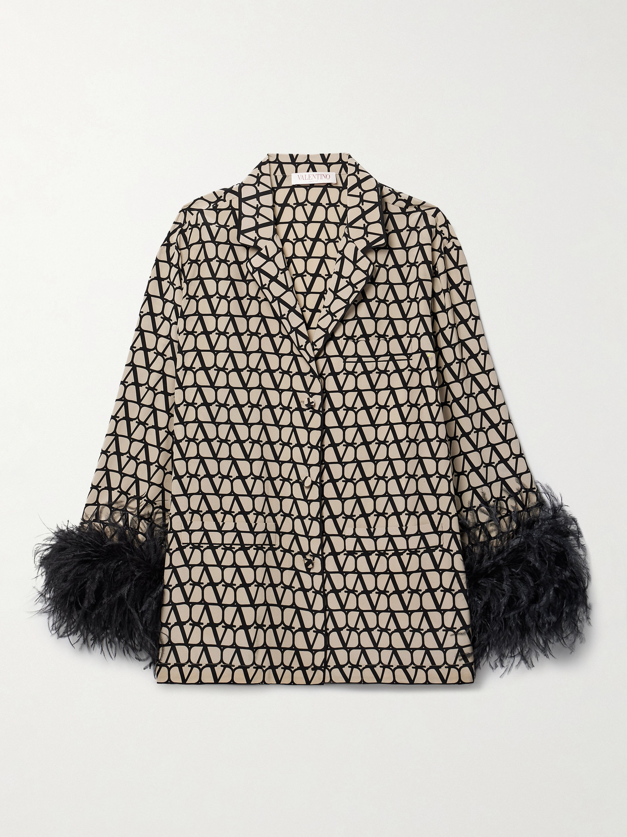 Valentino Feather-trimmed Printed Silk Shirt In Neutrals