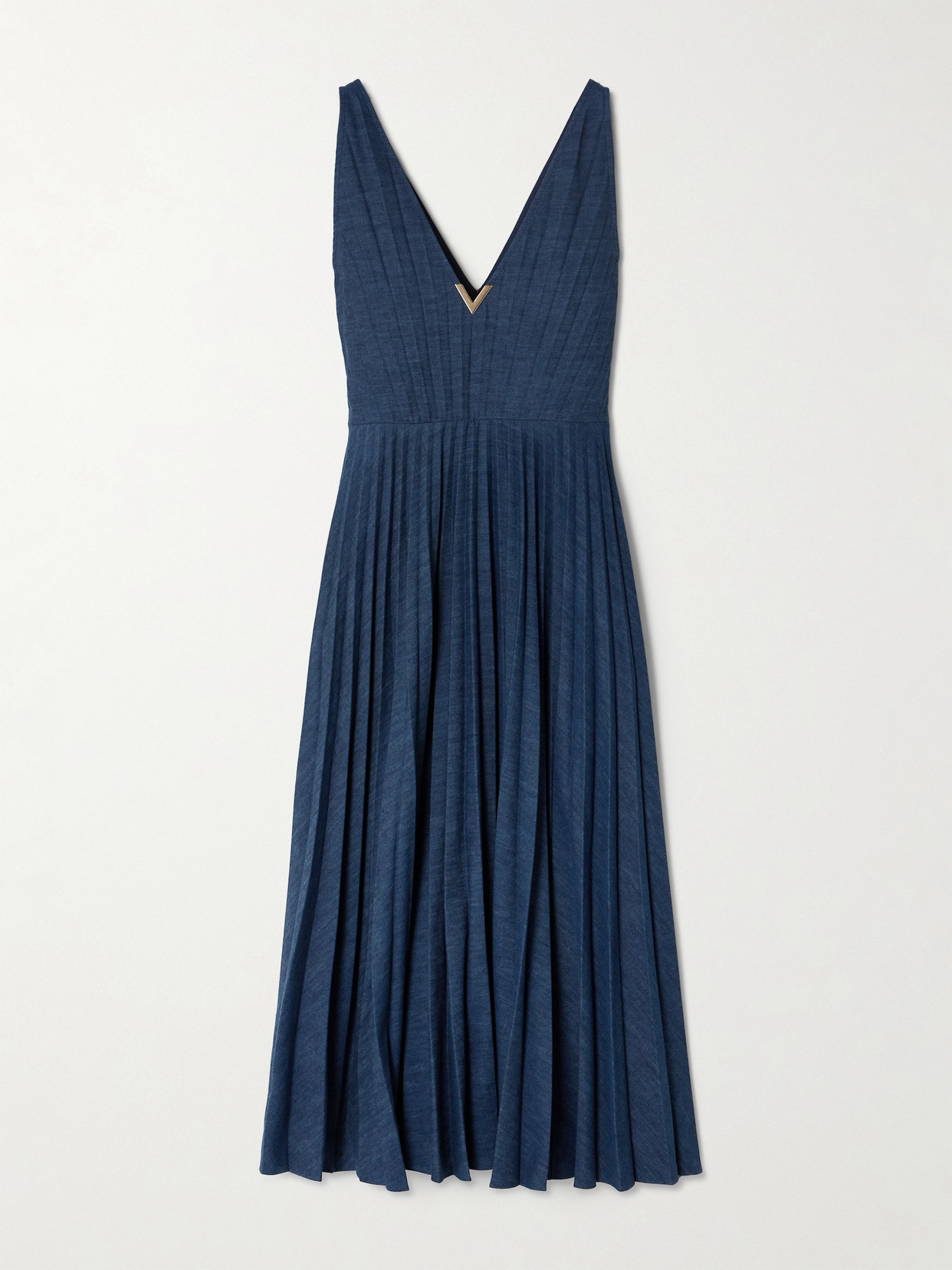 Valentino Garavani Embellished Plissé-denim Midi Dress - Blue