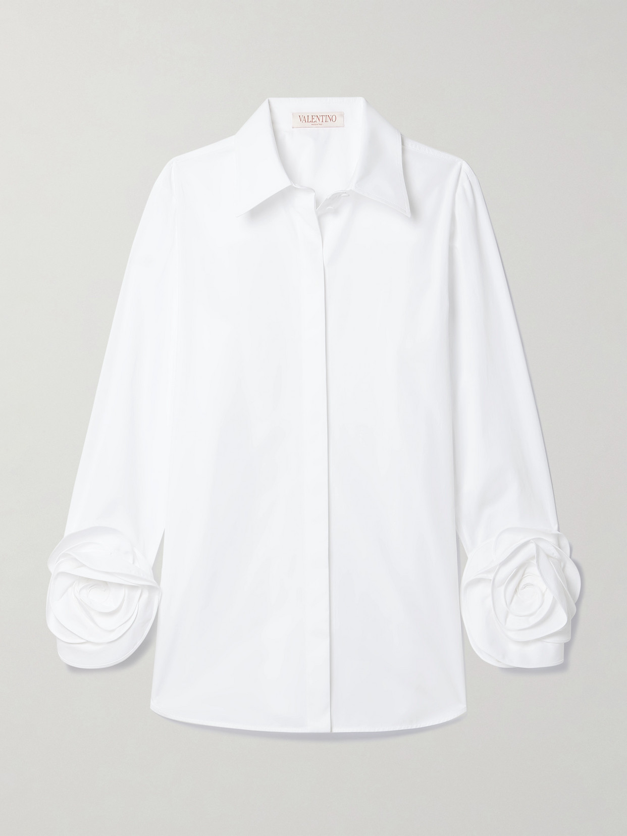 Valentino Floral-embellished Silk-trimmed Cotton-poplin Shirt In White