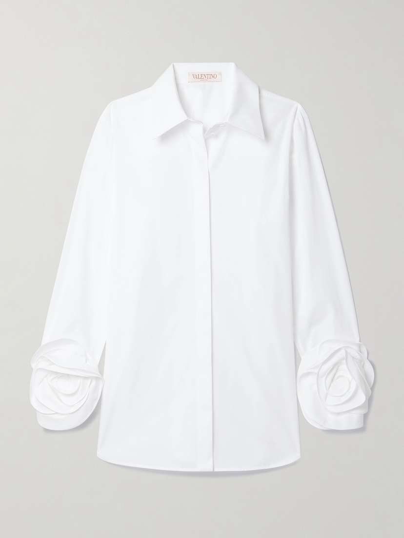 Valentino Garavani Floral-embellished Silk-trimmed Cotton-poplin Shirt