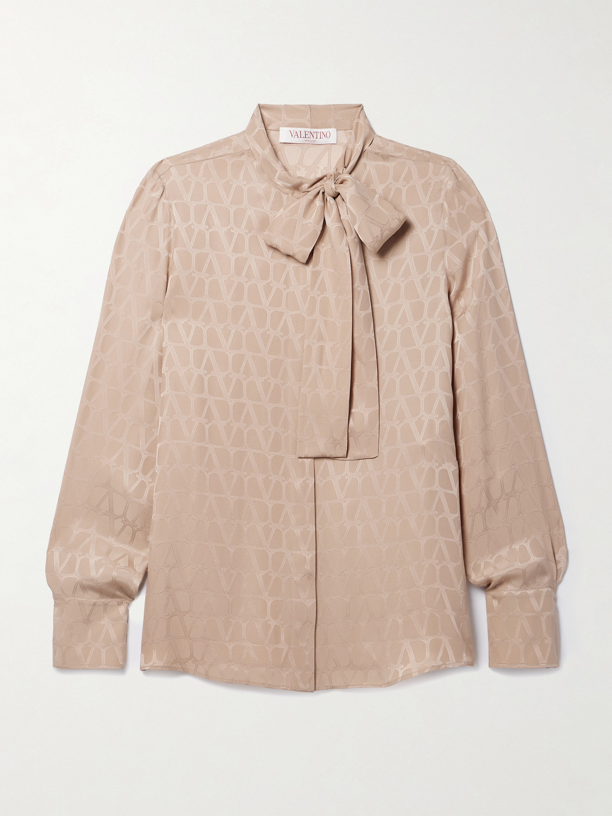 Valentino Pussy-bow Silk-jacquard Shirt In Neutrals