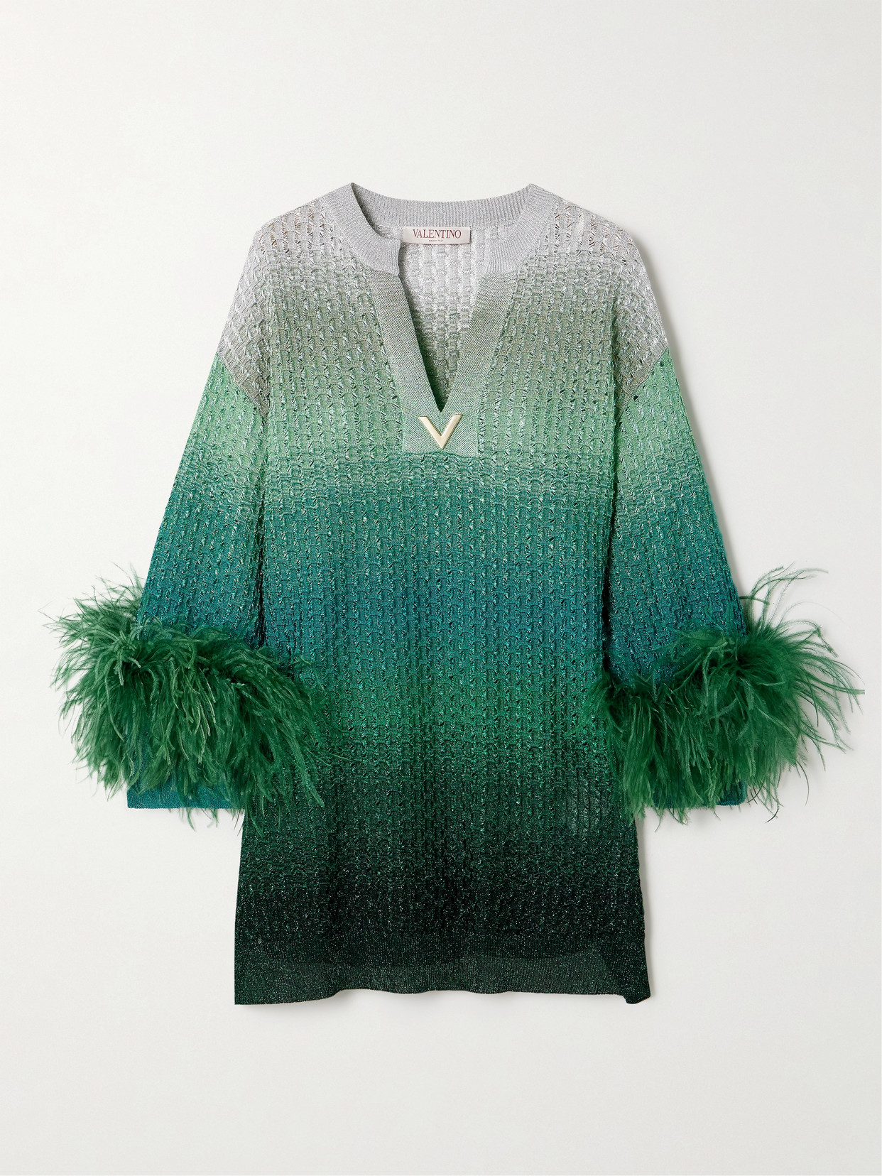 VALENTINO FEATHER-TRIMMED DÉGRADÉ METALLIC KNITTED MINI DRESS
