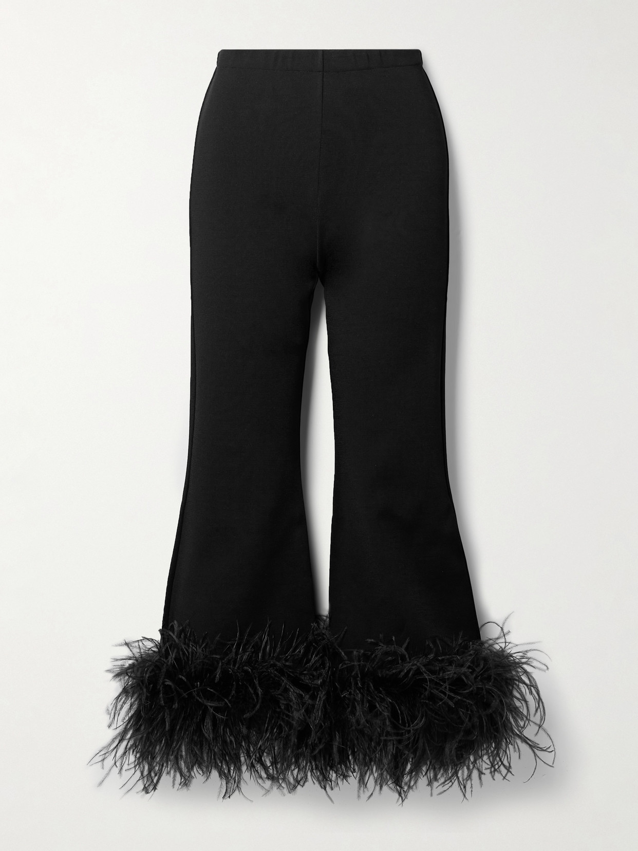 Shop Valentino Cropped Feather-trimmed Knitted Flared Pants In Black