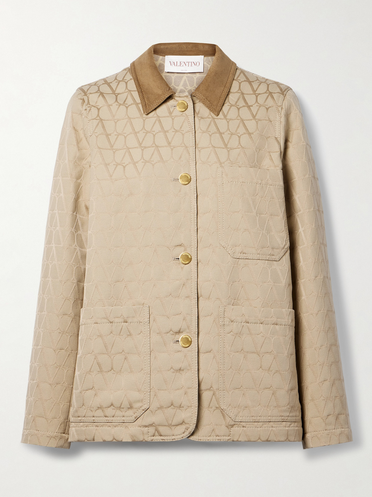 Shop Valentino Corduroy-trimmed Cotton-blend Jacquard Jacket In Neutrals